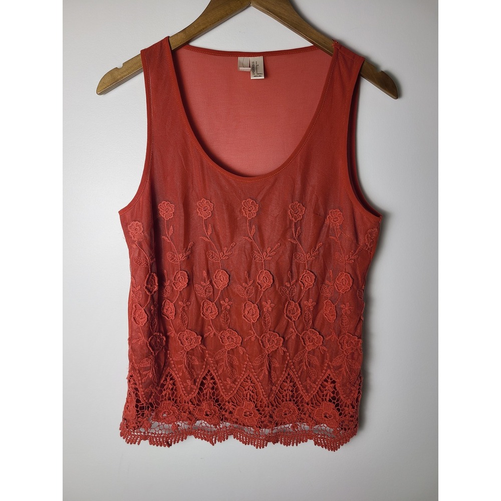SM Burnt Orange Floral Lace Crochet Hem Tank Top Boho Earthy Y2K Fairycore
